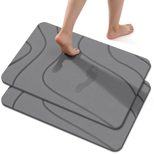 Euqvunn Alfombrilla de Baño de Piedra 60 x 39 cm 2 Unids – Secado Rápido, Antideslizante, Absorbente, Resistente a la Humedad, de Tierra de Diatomeas para Cocina, Bañera y Salida de la Ducha – Gris