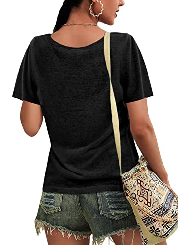 MICTICSI WOMENS T SHIRTS SHORT SLEEVE V NECK TOPS CASUAL BASIC TEES A BLACK MEDIUM