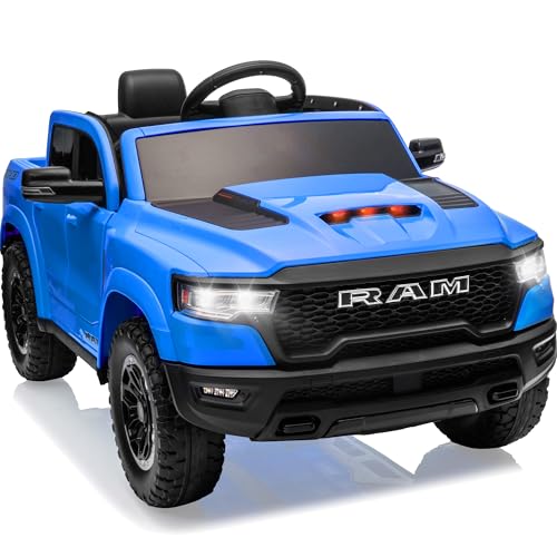 First Ride On 12v Kids Ride on Truck, Licensed Ram 1500 Rho Ride on Toy For Kids with Remote Control, Ride on Car for Children w/Truck Bed Storage, Smooth Start, Bluetooth, Aux Port (Blue)