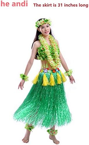 Hawaii 40cm Grass Skirt with Flowers Bracelets Headband Necklace Hula Set ๏ผ7 PC