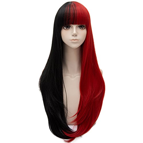 Black mixed red long 30 inches wavy with bangs heat res…