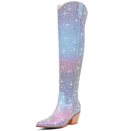 Photo 1 of RONILURN Women Rhinestone Over the Knee Cowboy Boots, Sparkly Bling Cowgirl Boots Western Thigh High Boots Pull-On Side Zippers Chunky Heel Pointed Toe Size5-12 For Fashion&Daily