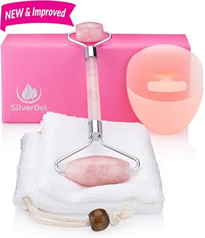 Anti Aging Facial Massage Therapy Kit – 3pc Genuine Pink Rose Quartz Dual Sided Face Roller Facial Massager Tool Set with Silicone Cleansing Brush & Pouch by SilverDel
