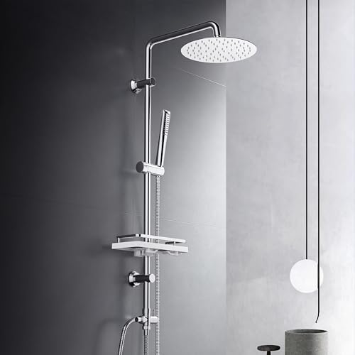 Görbach Edelstahl Duschset Regendusche Duschsystem ohne Armatur mit Verstellbarer Duschstange, Kopfbrause 20 cm und Duschablage Chrom