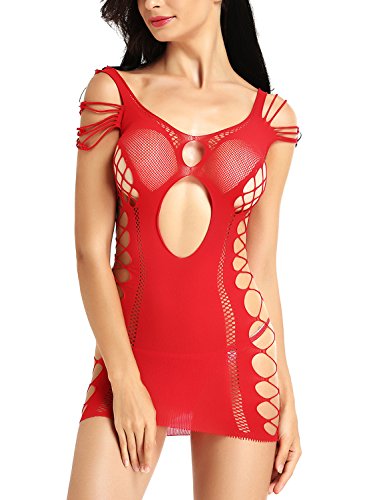 Amoretu Womens Mesh Hollow Out Mini Dress Tube Fishnet Chemise Lingerie Red