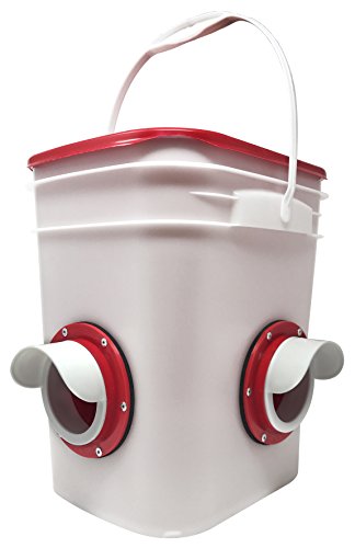 RentACoop Chicken Feeder-Holds 20 Pounds-Pellets-Crumbles-Grain in Bucket - for 21st Century Chicken Owners - Inside or Outside of Coop - Use with Nipple Waterer (2 Feed Ports - Corner (4-6 Hens))
