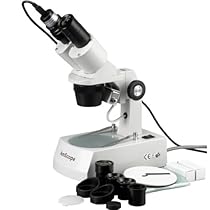 AmScope SE305R-AZ-E2 Digital Forward-Mounted Binocular Stereo Microscope, WF10x and WF20x Eyepieces, 10X/20X/30X/60X Magnification, 1X and 3X Objectives, Upper and Lower Halogen Light Source, Arm Stand, 120V, Includes 2MP Camera and Software