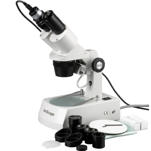 AmScope SE306R-AZ-E1 Digital Forward-Mounted Binocular Stereo Microscope, WF10x and WF20x Eyepieces, 20X/40X/80X Magnification, 2X and 4X Objectives, Upper and Lower Halogen Lighting, Reversible Black/White Stage Plate, Arm Stand, 120V, Includes 1.3MP Camera and Software