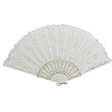uxcell Lace Trim Plastic Ribs Peony Flower Cloth Folding Hand Fan White