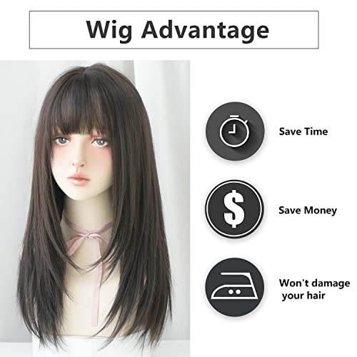 7JHH WIGS Black Wigs With Bangs Synthetic Dark Brown Wig Long Straight