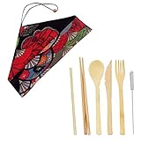 TTShonf Camping Cutlery Set, Reusable Bamboo Knife Fork Spoon Straws Flatware Set Utensils Cloth Bag Wrap Drinking Straws for Travel Camping Hiking