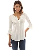 PattyBoutik Women's Henley Lace Inset 3/4 Bell Sleeve Blouse