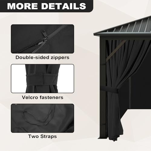 slashome 10'x12' Gazebo Curtains Outdoor Waterproof, Black Universal Replacement Curtain 4-Panels, Sidewalls with Zipper for Garden, Patio, Yard (Only Curtains)