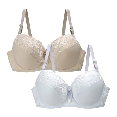 Angxiwan Bras for Women Push up 2PACK Women's Full Coverage Bra UK Vintage Lace Push Up Bras Sexy Underwired Bra Elasticated Band Comfort Plus Size Ladies Non Wired