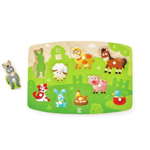 Hape Farmyard Peg Puzzle | 10 Piece Wooden Animal Peg Jigsaw Puzzle Game, Learning Toy for Toddlers, Multicolor, 5'' x 2''