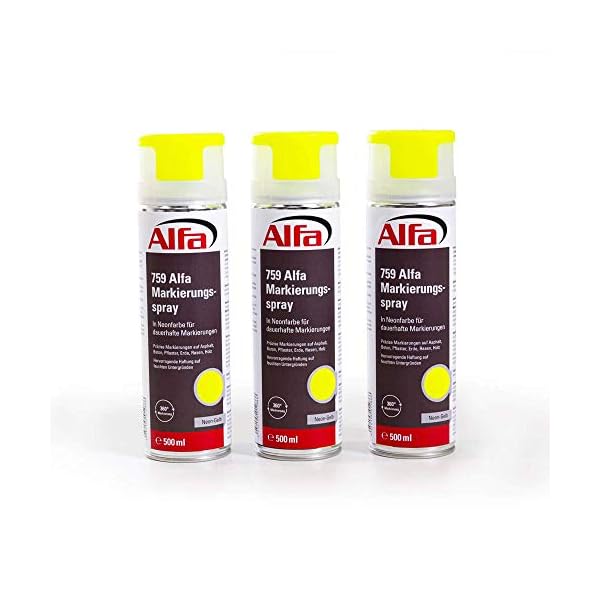 3x Alfa Markierungsspray 500 ml Neon-Gelb Farbspray fÃ¼r saubere und prÃ¤zise Markierungen mit flexibler 360 Â°C SprÃ¼hanwendung (Ãberkopffunktion)
