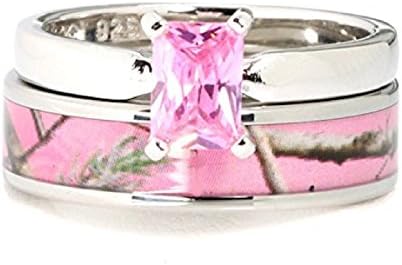 2 pc Pink Camo Ring Set - Pink Camo Band - Engagement Ring - Wedding Rings - Wedding Ring Sets - Bridal Sets - Promise Rings for Couples - Cubic Zirconia Wedding Sets