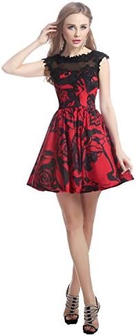 Ellystar Women's Floral Applique Lace Sleeveless Beading Rhinestones Printed Short Homecoming Dress Red US8