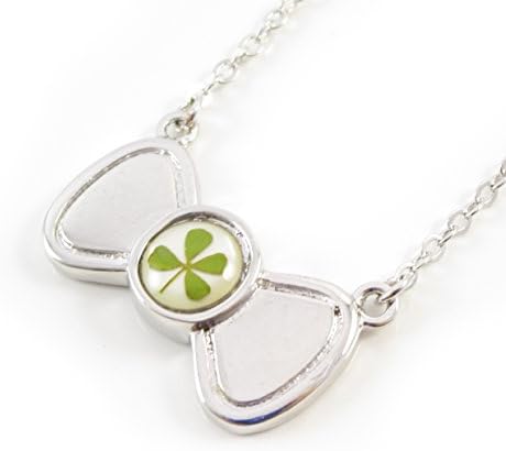 Genuine Real Four-leaf Lucky Clover Shamrock Crystal Amber Pendant Necklace, Lucky Bow on my Neck !