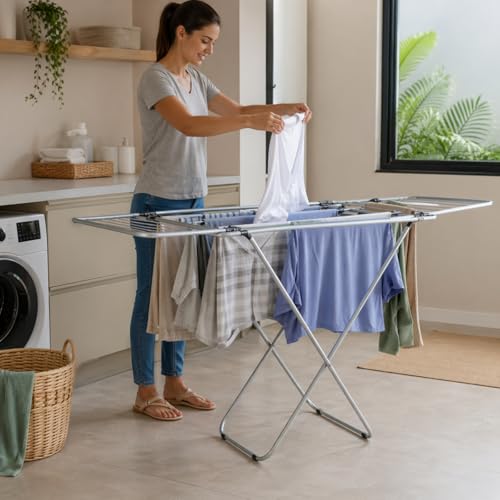Varal de Chão com Abas em Aço 1,23m Dobrável Resistente Portátil para Roupas Lavanderia Casa Buritis