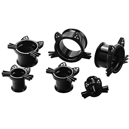 Longbeauty 2Pcs Black Cute Kitten Ear Plugs Tunnels Gauges Stretcher Piercings in 3 Colors Gauge 2g