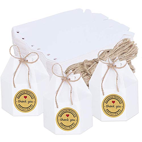50 Pieces Paper Candy Boxes, Creative Paper Treat Boxes, DIY Party Gift Boxes, Comes with Rope and Stickers, for Wedding Banquet Birthday Party Engagement Party(White) — image 1