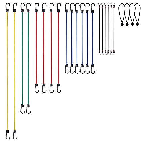Bungee Straps, 24pcs Heavy Duty Bungee Cords with Hook in Jar, 100% Latex Core Elastic Strong Bungee Cord Set with a Drawstring Organizer Bag