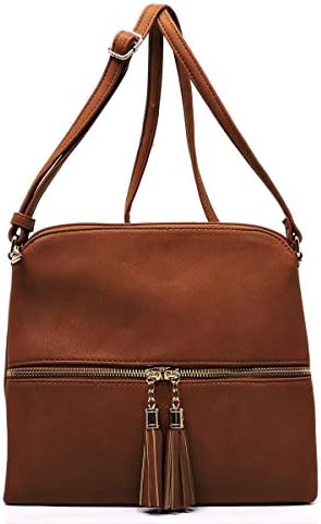Cross Body Purse Handbag with Front Zipper Tassel by Fashion Glad (Tan)
