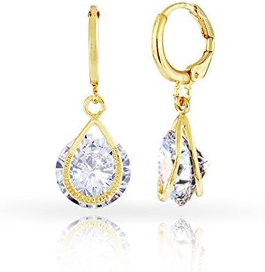 Womens Fancy 18K Gold Plated Drop Earrings with Floating 10mm Cubic Zirconia CZ (Diamond)