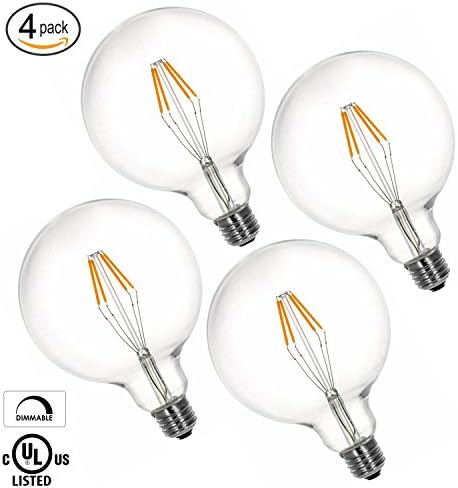 LytheLED (4-Pack) LED G40 Globe Vintage Filament Bulb, 4W (40W Replacement) 2700K Warm White, 440 Lumens, (E26) Medium Base, Dimmable, UL-Listed