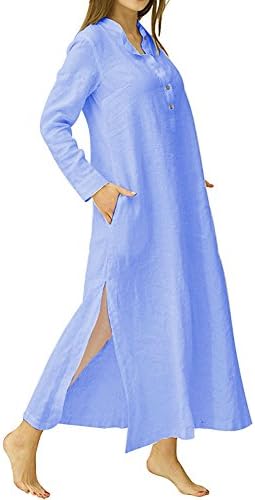 Women's Plus Size Long Sleeve Cotton Linen Split Kaftan Maxi Dress S-3XL