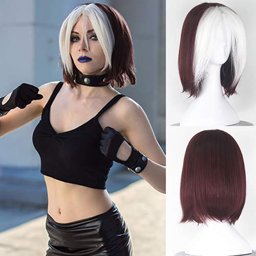 Blue Bird Movie X-Men of Rogue Cosplay Wig Short Straight Wine Red with White Color Synthetic Costume for Women Heat Resistant Fiber for Girls Halloween Party Show (Best X Men Cosplay)