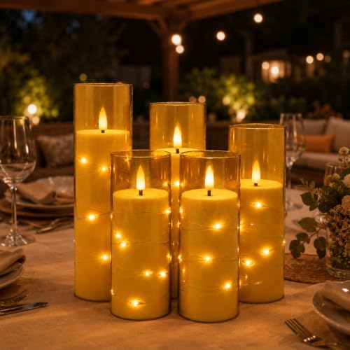 5 Candele LED Champagne con Luci Fatate Avvolgenti, Copertura Vetro Trasparente, Fiamma Tremolante Realistica, Resistenti al Caldo, 1 Telecomando per Decorazioni Interno ed Esterno