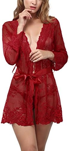 Organlick Women Lace Kimono Robe Short Sexy Sheer Nightgown Lingerie Chemise Set