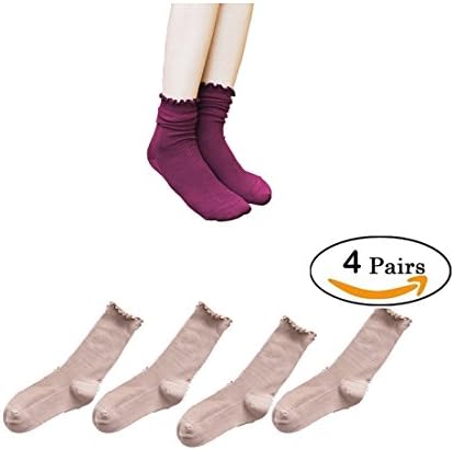 Women's Long Ruffle Frilly Strip Shape Bamboo Fiber Boot Basics Crew Work Ankle Socks 4 Pack (Khaki)