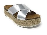 SODA Women's Open Toe Ankle Strap Espadrille Sandal (6.5, Silver C)
