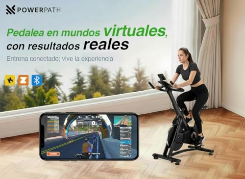 PowerPath - Bicicleta Estática para Spinning/Ejercicio en Casa, Disco de 13 kg, Bluetooth para APPs, Magnética, Robusta, Silenciosa con Monitor Electrónico, RPM - Bici Fija para Gym en Casa, Color Negro, Ajustable, 150 kg