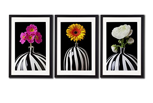 Daisy Flowers Zebra Stripes Vase Posters For Wall Art Decor Home Decorative Floral Paintings Printed On Canvas 3 Piece Black Frame With White Matte Still Life Artwork Print Pictures For Living Room