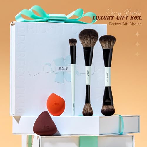 Jessup Makeup Brushes 5pcs, 3pcs Double Sided Face Makeup Brush Set, 2pcs Makeup Sponges, Premium Vegan Foundation Contour Blush Highlight Concealer Brush Gift Packaging T510