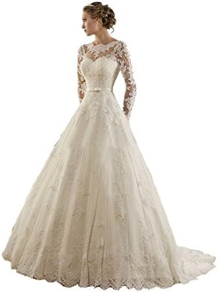 Sunweddingdress Women's Jewel Lace Applique Long Sleeve Chapel Wedding Dress