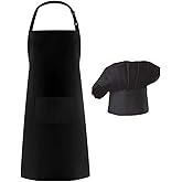Hyzrz Chef Apron and Hat Set, Adjustable Adult Kitchen Apron With Butcher Hat, Baker Costume Apron with Pocket for Men and Women Father's Gift (Black)