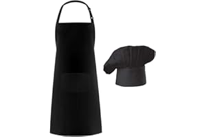 Hyzrz Chef Apron Hat Set, Chef Hat and Kitchen Apron Adult Adjustable Apron with Butcher Hat Baker Costume Kitchen Pocket Apron for Men and Women Father's Gift (Black)