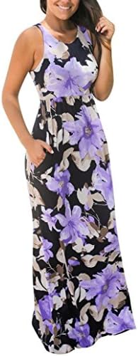 Blackobe Women Summer Sleeveless Floral Print Maxi Long Dress (S, Purple)