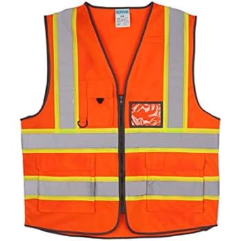 SHORFUNE High Visibility Safety Vest with Pockets, Mic Tab, Reflective Strips and Zipper, Orange, ANSI/ISEA Standards, XL