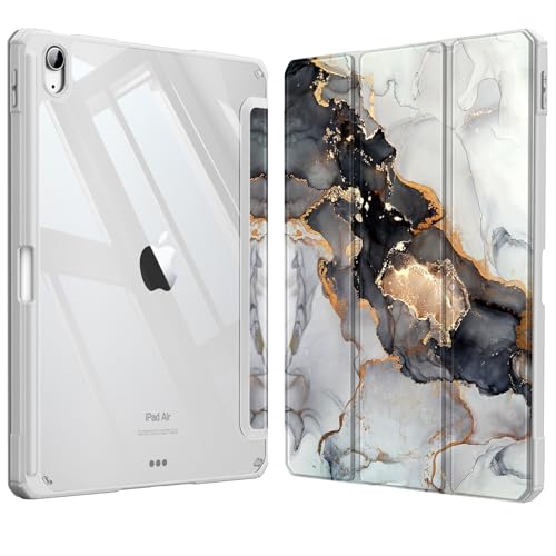 Fintie Hybrid Slim Case for iPad Air 5th Generation (2022) / iPad Air 4th Generation (2020) 10.9 Inch - [Built-in Pencil Holder] Shockproof Cover with Clear Transparent Back Shell, Cloudy Marble