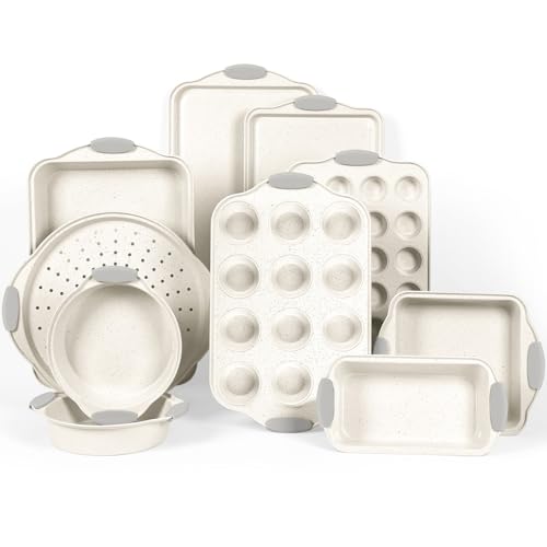 BakerChef 10-Piece Nonstick Baking Pans Set, Stackable Non-Toxic Bakeware Sets with Silicone Handle, Oven Pan Set for Cooking, Includes Easy Release Cookie Sheet, Roasting Pan, Muffin Tin (Cream)