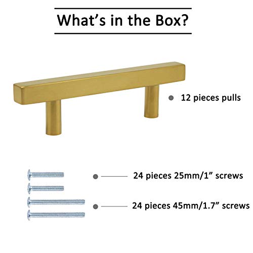Brushed Brass Drawer Pulls 3" 76mm Pack of 12 Kitchen Furniture Hardware Bathroom Cupboard Door Pull Handles Gold Cabinet Knobs T Square Bar Handle 5" 128mm Length