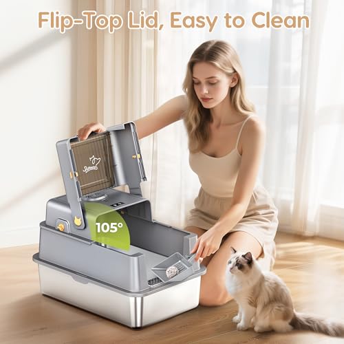 Stainless Steel Cat Litter Tray, XXL Litter Box with 105° Flip Lid, Detachable Metal Large Pet Toilet with Fresh Air Deodorization System, High Sided Litter Tray with Deodorizing Block, Mat and Scoop