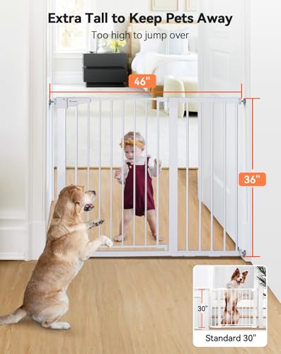 COMOMY Dog Gate 36" Extra Tall, 75-117cm Large Width Baby Safety Gate Automatic Closing, Durable Child Safety Barrier for Stairs, Pressure Mounted, White