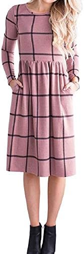 Women's Long Sleeve Empire Waist Buffalo Plaid Midi Swing Dress with Belt
